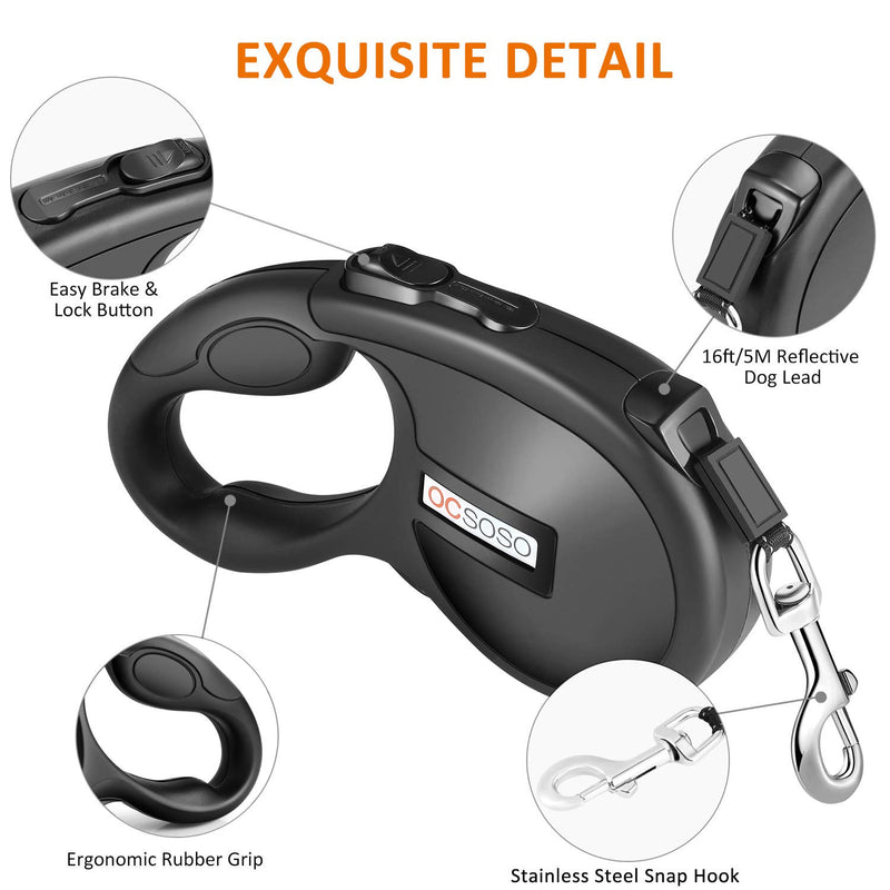 [Australia] - OCSOSO Retractable Dog Leash Reflective 16FT / 5M Extendable Dog Strong Lead, Heavy Duty Dog Lead for Medium Large Pet Dogs up to 180lbs, Tangle Free, Easy One Button Brake & Lock Safety System 16FT/5M Dog Leash 