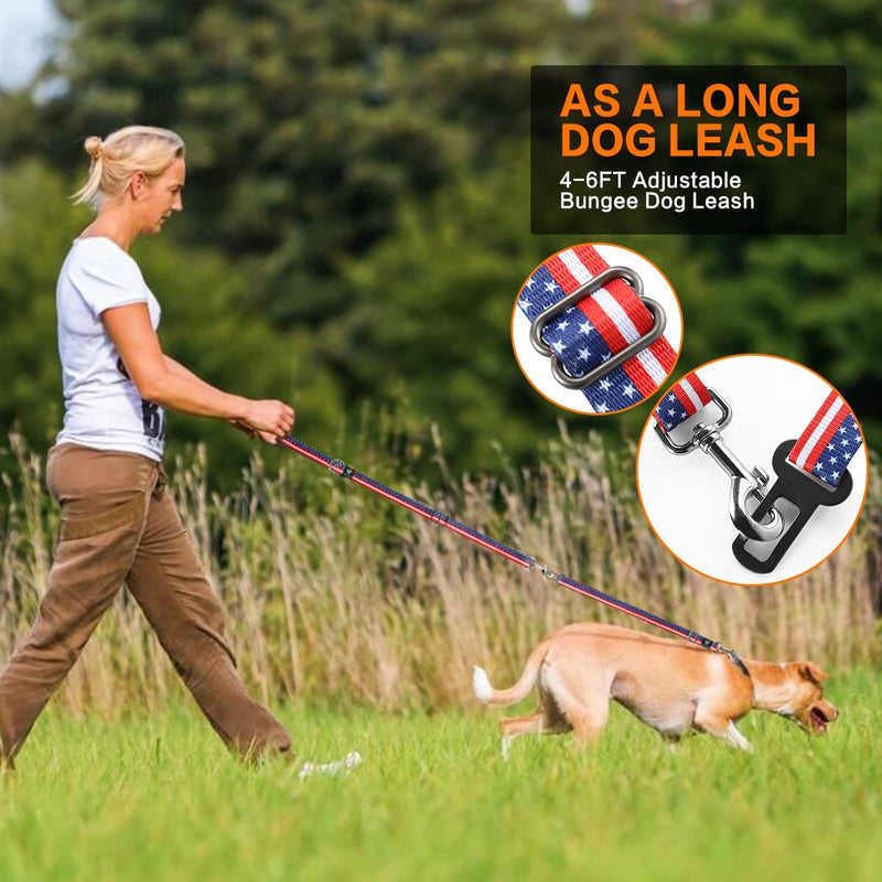 VERSALES Dog Leash, 4/6 FT Dog Leash for Large Dogs Heavy Duty Dog Leashes for Medium and Small Dogs, Reflective Bungee Dog Leash for Dog Training, Nylon Dog Leash and Seatbelt Set American Flag/Dog Leash and Seatbelt Set - PawsPlanet Australia