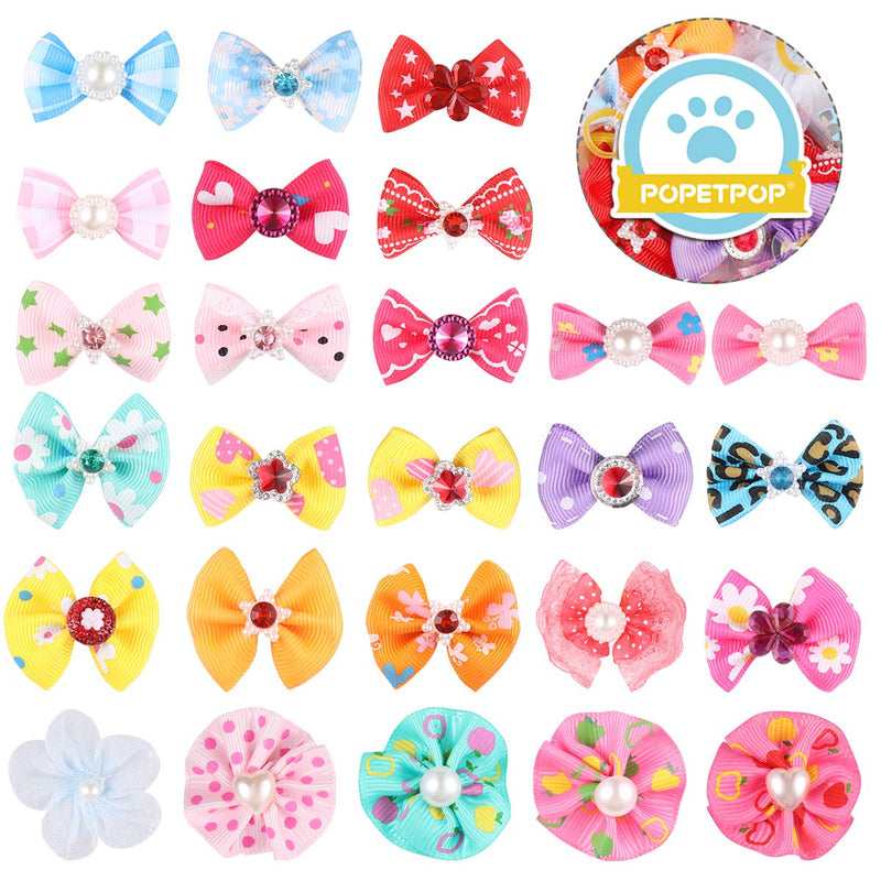 POPETPOP 50pcs Dog Bows with Rubber Bands-Pet Cat Dog Hair Bows Multicolor Rhinestone Beads Flowers Topknot Puppy Bows(Mixed Color) - PawsPlanet Australia