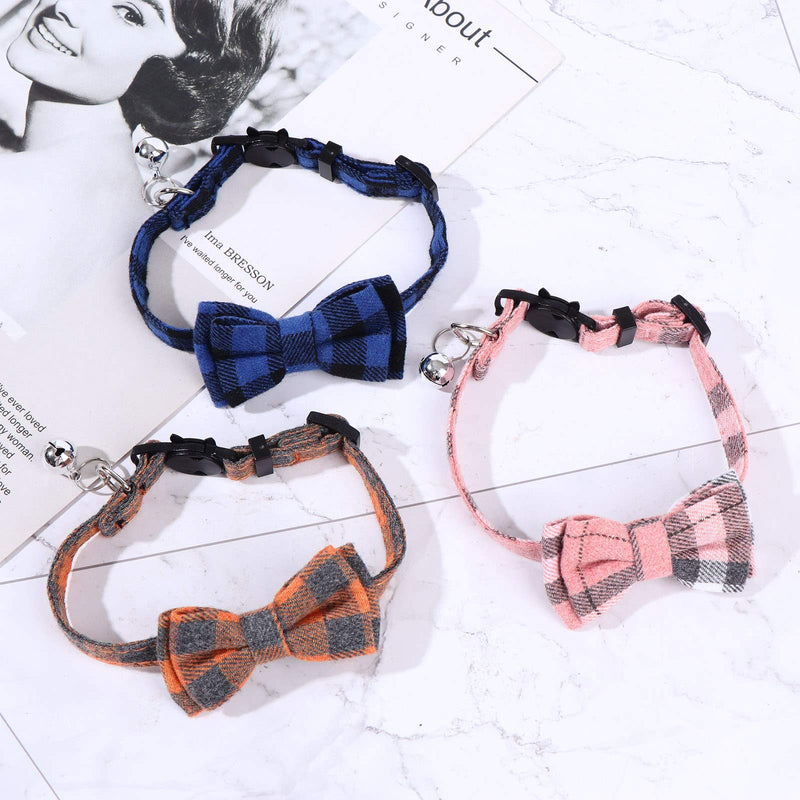 LOCOLO 3 Pack Cat Bowtie Collars + 3 PCS Pet Mini Anti Lost Pendant, Quick Release Kitty Collars Pet Safety Collar with Bell & Bow Cute Plaid Patterns Adjustable Small Pet Bow Collar Type B - PawsPlanet Australia