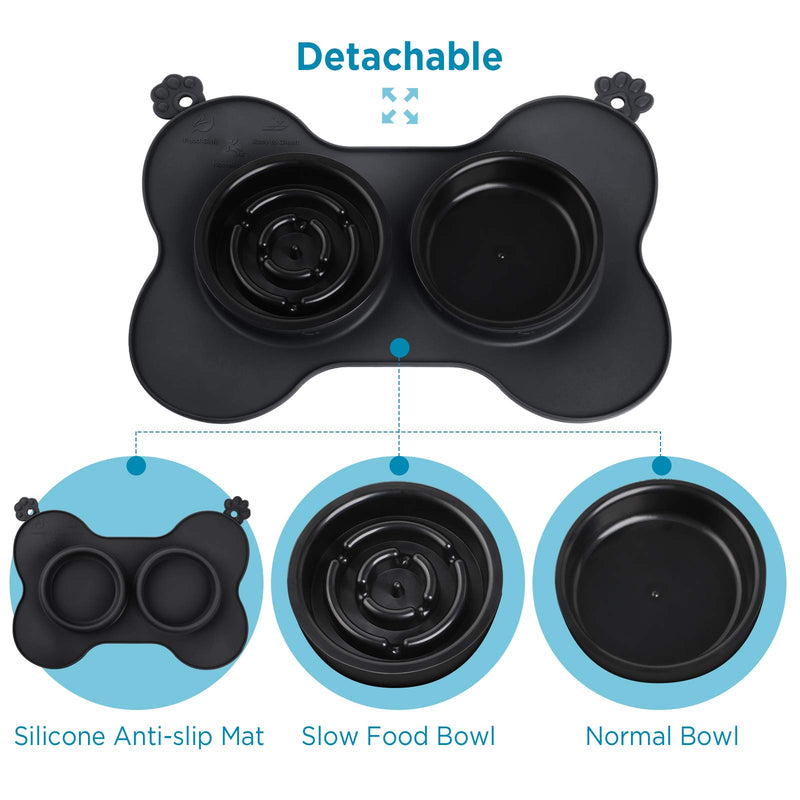 Hianjoo Slow Eating Dog Bowl, Double Pet Bowls with Pet Food Shovel Slow Feeder Cat Puppy Water and Food Bowl with Non-Spill Skid Resistant Silicone Mat for Cats Puppies - Black - PawsPlanet Australia