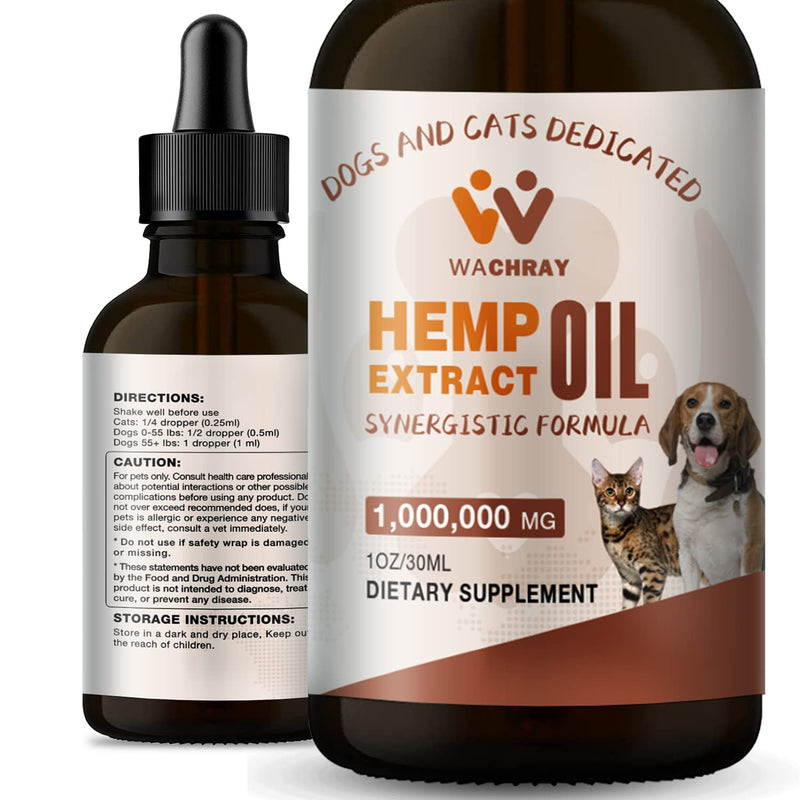 WACHRAY Hemp Oil for Dogs and Cats - 100,000,0 Max Potency - Made in USA - Helps with Hip & Joint, Pain, Arthritis, Relief Anxiety and Stress - Pets Organic Hemp Drops - Miracle Formula - (1-Pack) - PawsPlanet Australia