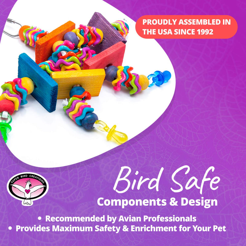 [Australia] - Super Bird Creations SB736 Wiggles and Wafers Colorful Chewable Wooden Bird Toy with Blocks and Pacifiers, Medium Size, 3” x 5” x 9” Varies 