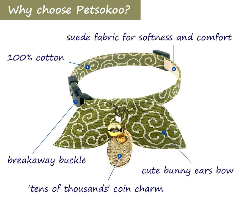 PetSoKoo Bunny Ears Scarf Bowtie Cat Collar.With Bell and Coin Charm.Unique Oriental Style.100% Cotton.Safety Breakaway Buckle Small (6-9.5 inch,16-24cm) Green - PawsPlanet Australia