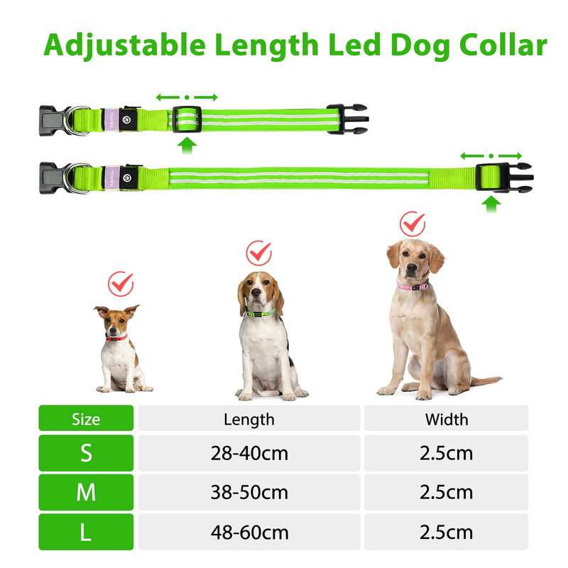 PcEoTllar Luminous Rechargeable Dog Collar, Luminous Dog Collar, Waterproof Adjustable Flashing Light LED Collar Dog for Small Medium Large Dogs, Visibility in the Dark, Green - LL(48-60cm/19-23.6inch) - PawsPlanet Australia
