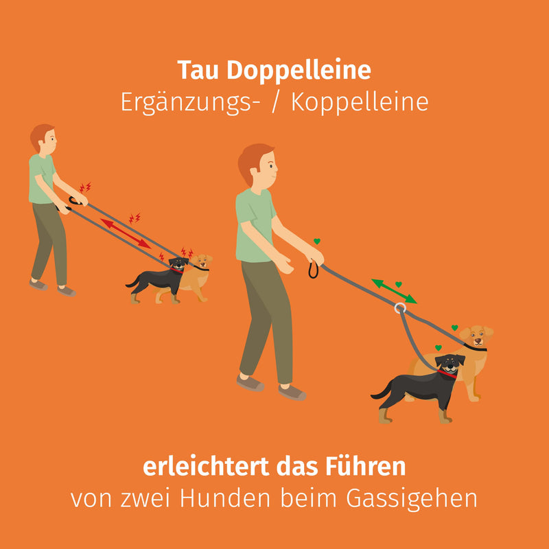 Floxik Tau double leash for 2 dogs grey/orange - reflective, stretchy and tangle-free - double dog leash for coupling - perfect for small to medium dogs small | ø 8mm - PawsPlanet Australia