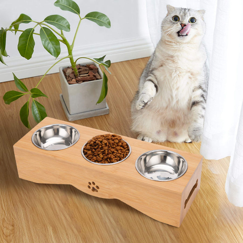 JAZUIHA Multiple Cat Elevated Bowls Stainless Dog Bowl with Bamboo Stand Pet Food and Water Feeder with 3 Bowls No Spill Perfect for Cats and Small Dogs - PawsPlanet Australia