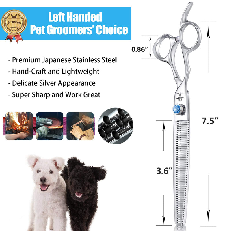 8 Inch Left Handed Dog Grooming Scissors Professional Straight, Downward Curved Pet Cutting, Thinning Texturizing, Chunker Shears Safety Trimming Shearing for Dogs Cats Japanese Stainless Steel Silver 7.5 Inch Left Handed Thinning - PawsPlanet Australia