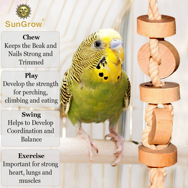 [Australia] - SunGrow Parakeet Wooden Chew Toy, 12 Inches Hanging Wood Cookies for Pecking and Chewing, Natural Pithy Wood Blocks and Safe Cotton Rope, Great for Parrots, Macaws, African Greys & Conures, 1 Pack 