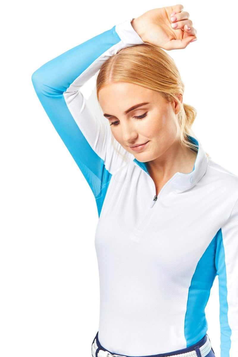 Dublin Airflow Comfort Dry (CDT) Long Sleeve Tech Top Riding Shirt (White/Aqua, X-Small) - PawsPlanet Australia
