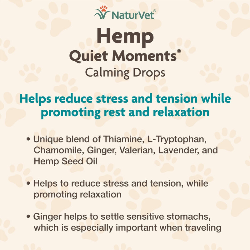 NaturVet Quiet Moments Calming Aid Cat Supplement Plus Melatonin – Helps Reduce Stress in Cats – for Pet Storm Anxiety, Motion Sickness, Grooming, Separation, Travel Quiet Moments Plus Hemp 1 Oz Drops - PawsPlanet Australia