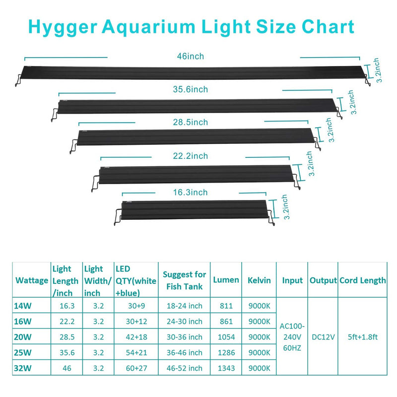 hygger Adjustable Blue White LEDs Aquarium Light with Aluminum Alloy Shell Extendable Brackets，with External Controller Dimmer, for Freshwater Fish Tank (18-52 inch) 14W (18-24 inch) - PawsPlanet Australia