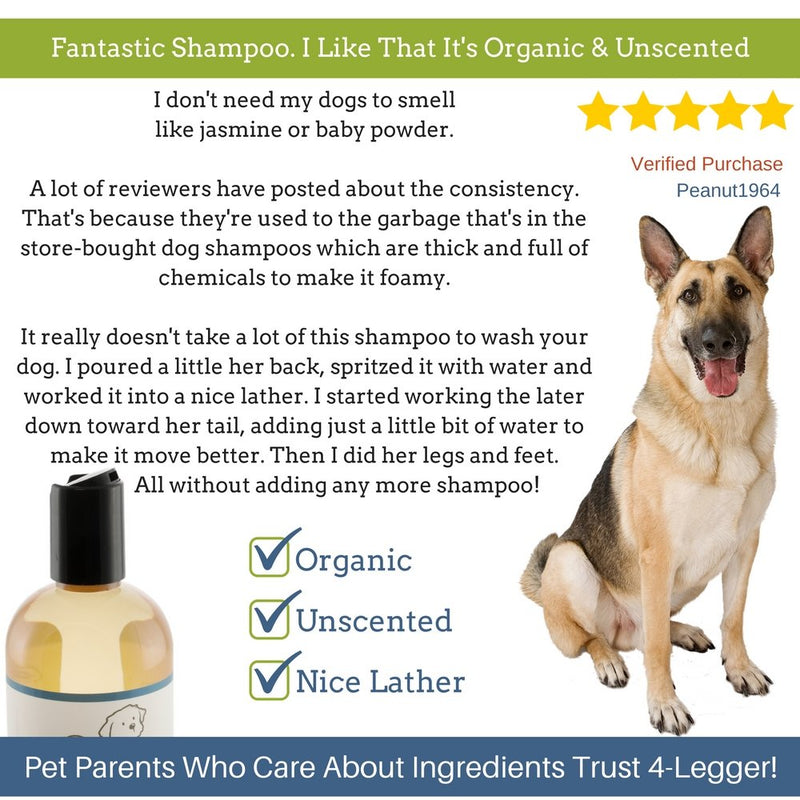 [Australia] - 4-Legger Certified Organic Hypoallergenic All Natural Aloe Dog Shampoo - Unscented - Gentle Moisturizing - Conditioning for Soothing Relief of Dry, Itchy, Sensitive Allergy Skin - Made in USA - 16 oz 