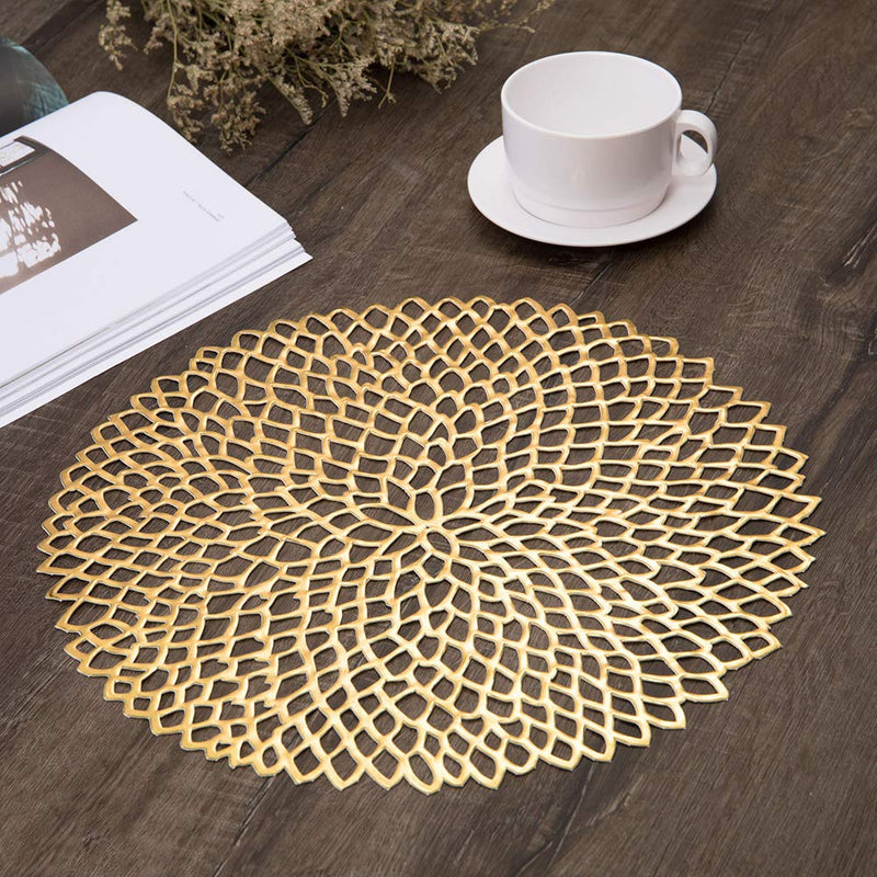 BRKURLEG 5 Pack Pressed Vinyl Metallic Hollow Placemats/Charger/Wedding Accent Centerpiece Round Placemats, Pressed Vinyl Placemat for Dining Table Champagne - PawsPlanet Australia