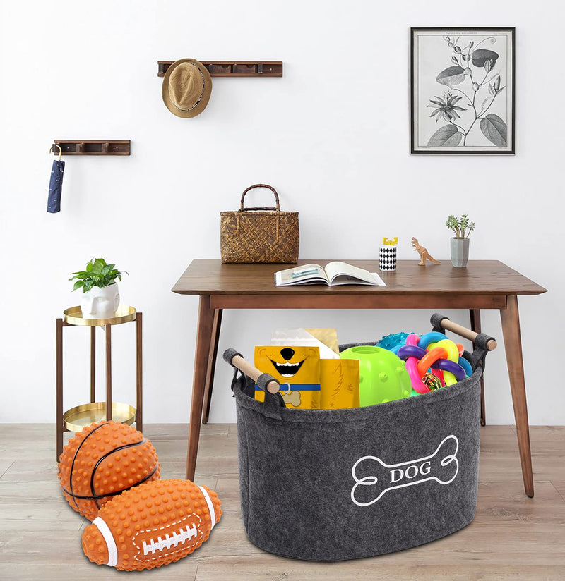 Morezi Felt doggie toy bin and dog toy box with wooden handle, storage basket organizer - perfect for organizing pet toys, blankets, leashes, vest and clothing - PawsPlanet Australia