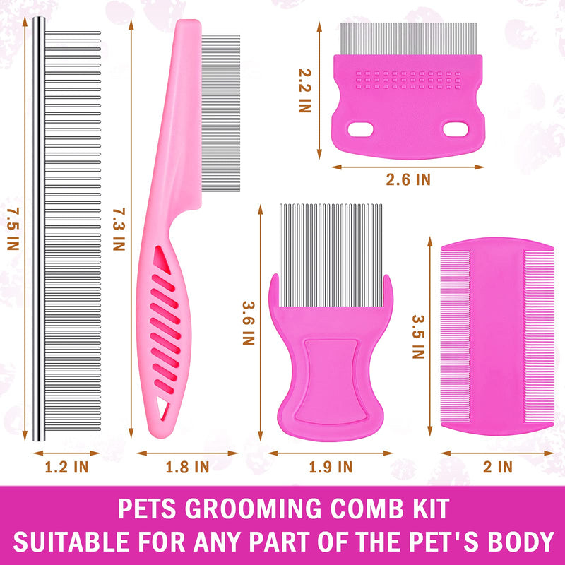 5 Pieces Dog Flea Comb Pets Grooming Comb Kit for Small Dogs Puppies Stainless Steel Teeth Dog Comb Tear Stain Remover Comb 2-in-1 Dog Combs with Round Teeth to Remove Knots Crust Mucus (Pink) Pink - PawsPlanet Australia