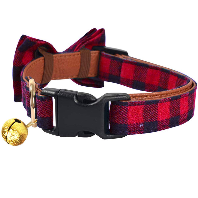[Australia] - KUDES 2 Pack Small Dog Collar Breakaway and Bandana Set with Bell, Adjustable Plaid Bowtie and Scarf Triangle Bibs Kerchief for Puppies Red Plaid S(9.8"-14") 
