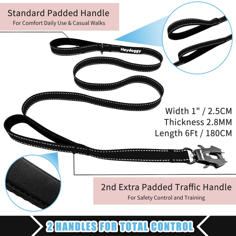 Strong Heavy Duty Dog Lead - 6ft Reflective Nylon Dog Training Leads with Padded Double Handle & Auto Lock Frog Clip, Safety Traffic Dog Leash for Large Medium Small Dogs Anti Pull Walking Black 6FT x 1" x 2.8MM - PawsPlanet Australia