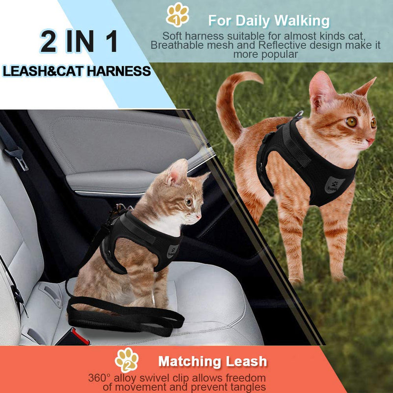 [Australia] - Cat Harness and Leash Set for Walking Small Cat and Dog Harness Soft Mesh Harness Adjustable Cat Vest Harness with Reflective Strap Comfort Fit for Pet Kitten Puppy Rabbit Small (Chest: 12" - 13") Black 