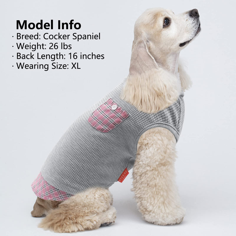 KYEESE Waffle Dog Shirts for Small Dogs Soft Stretchy Dog T-Shirts Lightweight Dog Tank Top Sleeveless Dog Vest Breathable Cat Shirt Puppy Clothes with Small Pocket Decorations and Plaid Patchwork M-Chest(16") Grey - PawsPlanet Australia