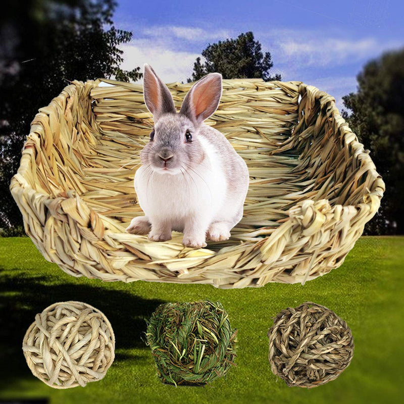 [Australia] - PINVNBY Bunny Grass Bed Rabbit Hay Mat Natural Handcrafted Woven Grass House Pet Bedding for Small Rabbits Hamster Bunny Chinchillas Guinea Pigs Cat and Small Animals provided Chew and Toys S 