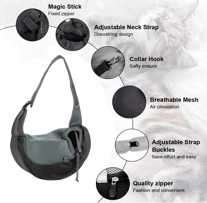 Small Dog Puppy Sling Carrier, Hands Free Cat Carry Bag Mesh Pet Dog Papoose Pouch Tote Bag Adjustable Padded Shoulder Pet Sling Bag with Pocket and Safety Belt Carrier for Daily Walking Subway,L L for weight up to 10lbs Black - PawsPlanet Australia