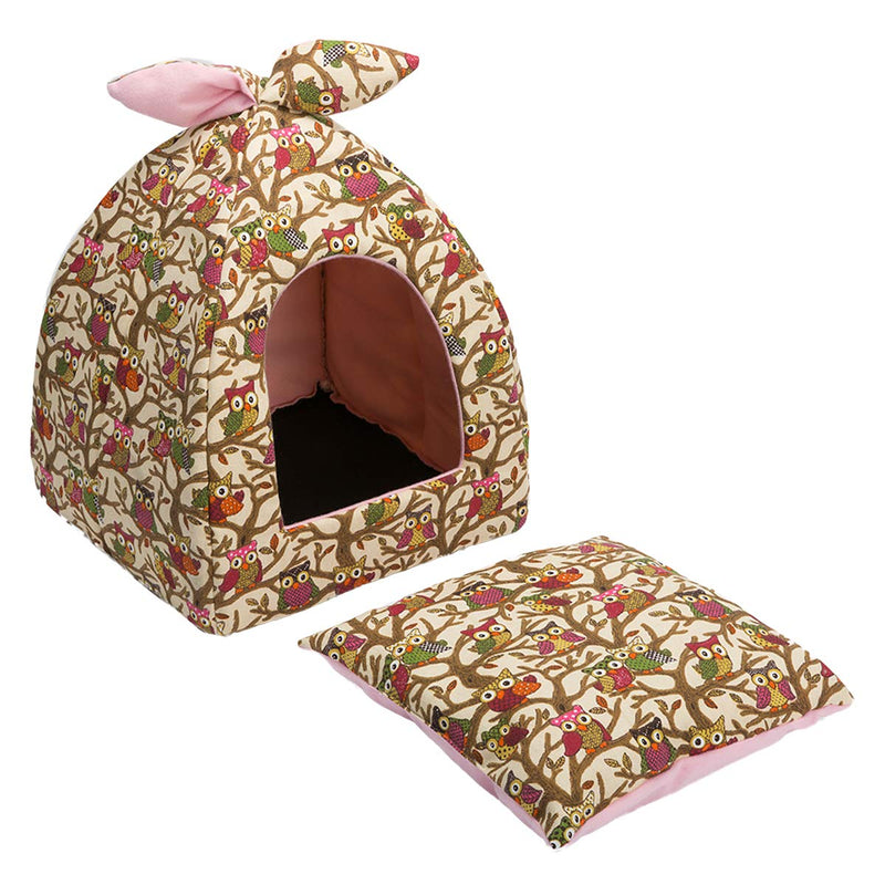 Hollypet Self-Warming 2 in 1 Foldable Comfortable Triangle Owl Cat Bed Tent House Creamy - PawsPlanet Australia