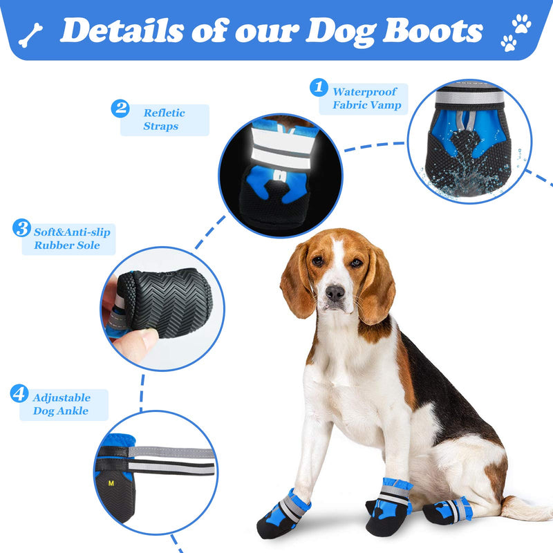 PetSeason Waterproof Dog Boots Outdoor Dog Shoes,Dog Paw Protector with Reflective Strip, Anti-Slip Sole Adjustable Pet Booties for Medium to Large Dogs (4Pcs) M:2.16''x2.36''(W*L) Blue - PawsPlanet Australia