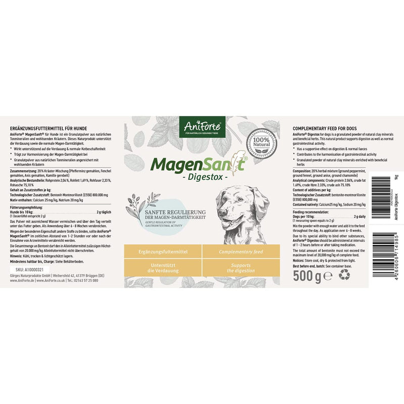 AniForte MagenSanft powder for dogs 500g - to support digestion & harmonize gastrointestinal activity, natural stomach protection for dogs with bentonite powder & herbs - PawsPlanet Australia