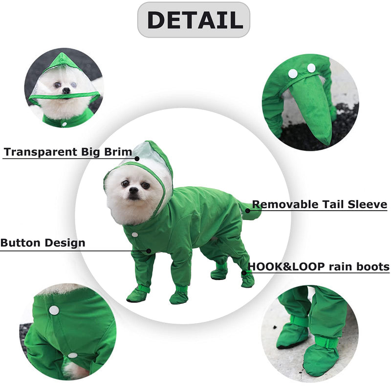 SEIS Small Dog Raincoat Hooded Pet Rain Wear Waterproof Teddy Poncho with Rain Boots Light Breathable Bomei Suit Adjustable Pet Mackintosh Outfit Green XS (Back Length 27cm/10.63") - PawsPlanet Australia