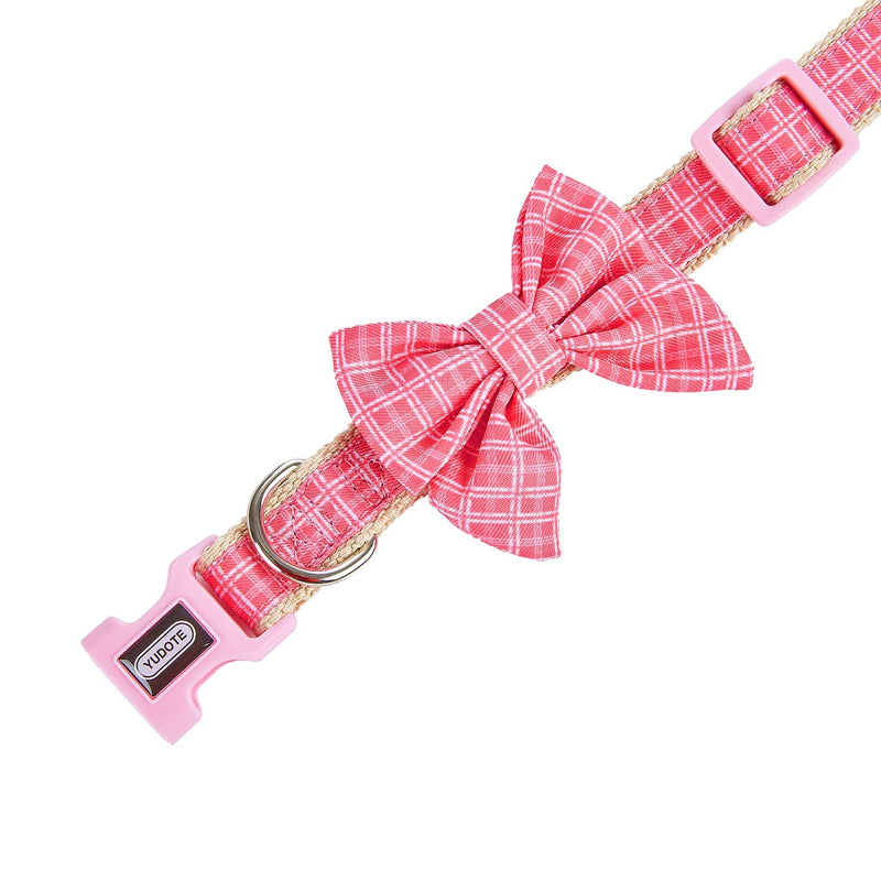 YUDOTE Natural Cotton Dog Collar Soft Lightweight with Plaid Ribbon and Removeable Bow-tie for Small Dogs Neck 25-38cm,Rose Pink S: for 25-38cm Neck, 1.5cm Width Rose Pink - PawsPlanet Australia