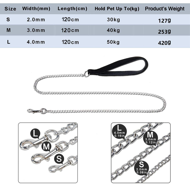 Strong Dog Lead Chain 1.2m Chew Proof Metal Dog Leash 4ft Heavy Duty No Bite Lead for Puppies Small Medium Large Dogs - Padded Comfy Handle, S: 0.2cm/0.09Inch Width 120cm - PawsPlanet Australia