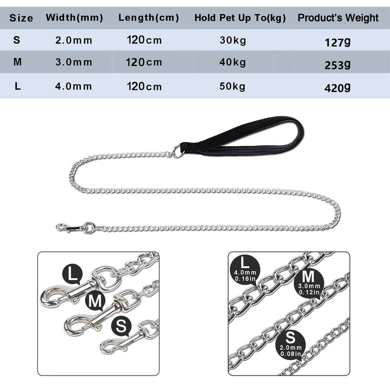 Strong Dog Lead Chain 1.2m 1.8m Chew Proof Metal Dog Leash 4ft 6ft Heavy Duty No Bite Lead for Puppies Small Medium Large Dogs - Padded Comfy Handle - PawsPlanet Australia