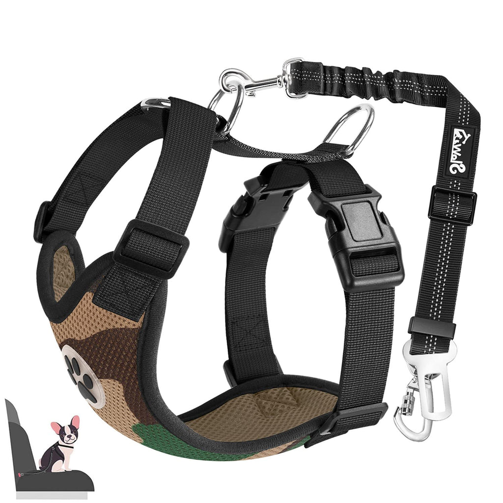 Eyein dog harness with seat belt for car, 2 carabiner hooks - connected to seat belt buckle, child safety seat or trunk, adjustable breathable harness (green camouflage, L) camouflage green - PawsPlanet Australia