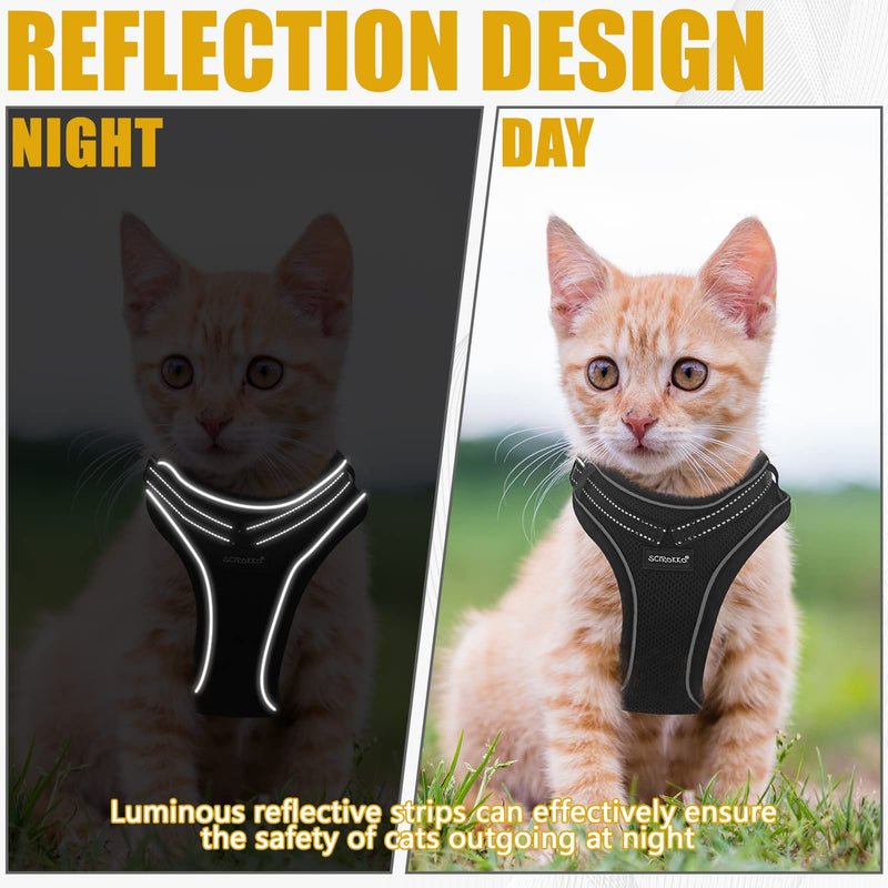 SCIROKKO Black Cat Harness and Leash Set - Soft Breathable Mesh Pet Vest Harness, Adjustable Escape Proof Kitty Strap with Reflective Tape for Walking Outdoors Safety at Night Small - PawsPlanet Australia