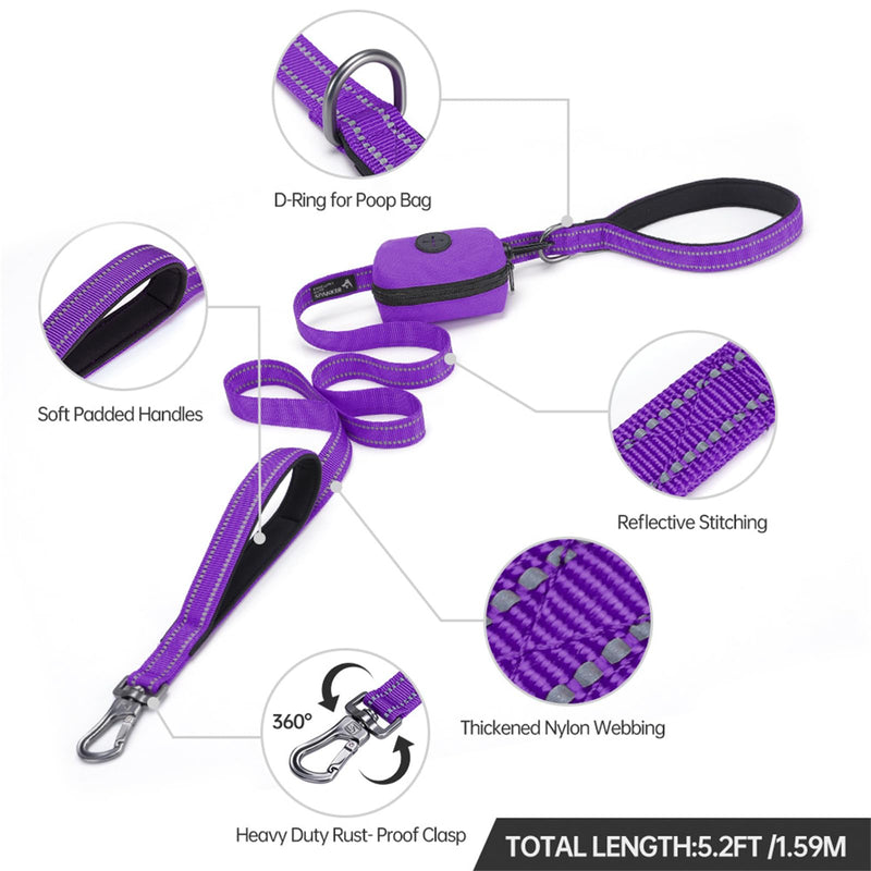 EXCELLENT ELITE SPANKER Reflective Nylon Dog Training Leash Strong Durable Dog Leash 5 Feet Long 1" Wide with Poop Bag Holder for Small and Medium Dogs（Purple）Purple 5.2FT*1'' - PawsPlanet Australia