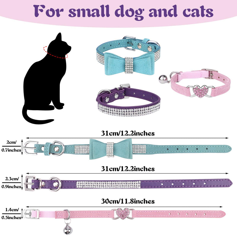 Ruisita 3 Pieces Rhinestones Cat Collars Bling Heart Bling Pet Collars Breakaway Cat Collar Crystal Pet Collars with Bow Tie Adjustable Safe Buckle Collar for Cats and Small Dogs Blue, Purple, Pink - PawsPlanet Australia