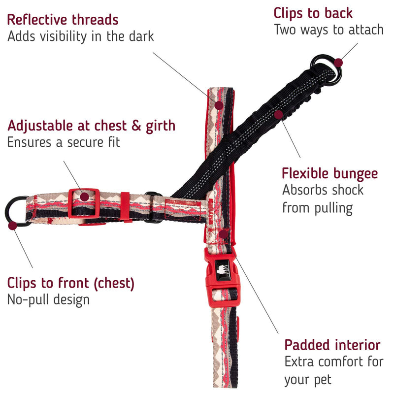 Leashboss Pattern Reflective No Pull Dog Harness with Bungee Handle, Rear and Front Clip Attachment, Pattern Collection Small Beige/Red - Mountain - PawsPlanet Australia