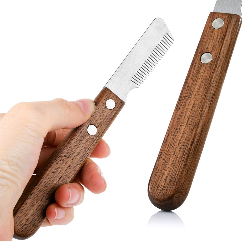Dog trimming knife with wooden handle for dull dogs, rough-haired dachshund, fine top coat terrier, medium stripping knife, brown right-handed trimming knife, pet grooming tool for pet pet undercoat - PawsPlanet Australia