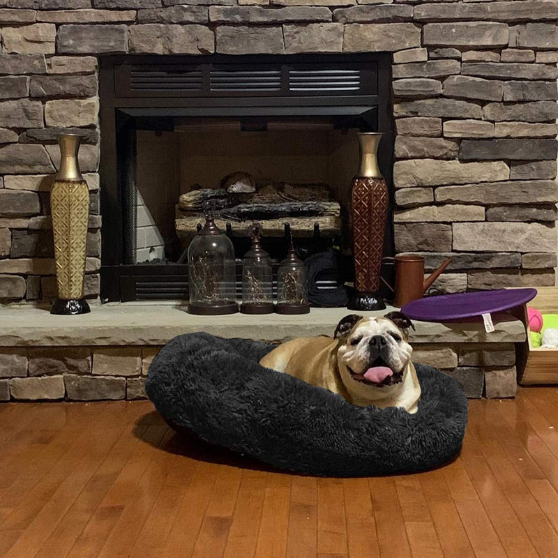 PUPPBUDD Calming Dog Bed Cat Bed Donut, Faux Fur Pet Bed Self-Warming Donut Cuddler, Comfortable Round Plush Dog Beds for Large Medium Dogs and Cats (24"/32"/36"/44") Large(24''x18'') Black - PawsPlanet Australia