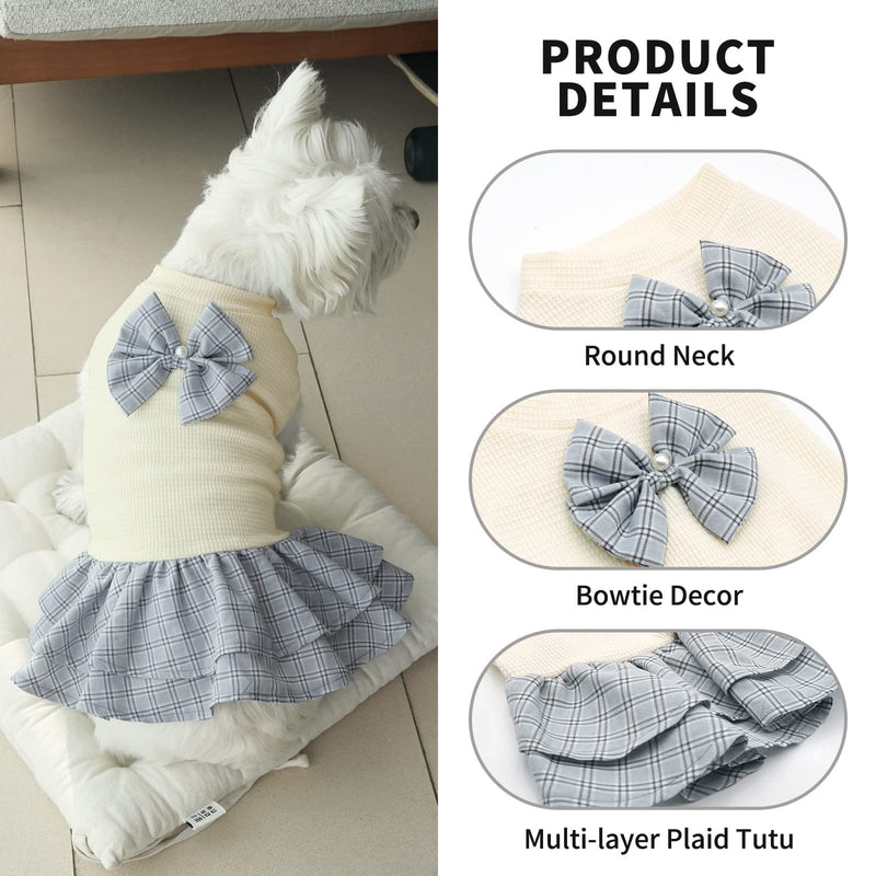 KYEESE Dog Dress Plaid with Bowknot Light Weight Pet Apparel for Small Dogs Cats Puppy Dog Outfits, Grey L Large - PawsPlanet Australia