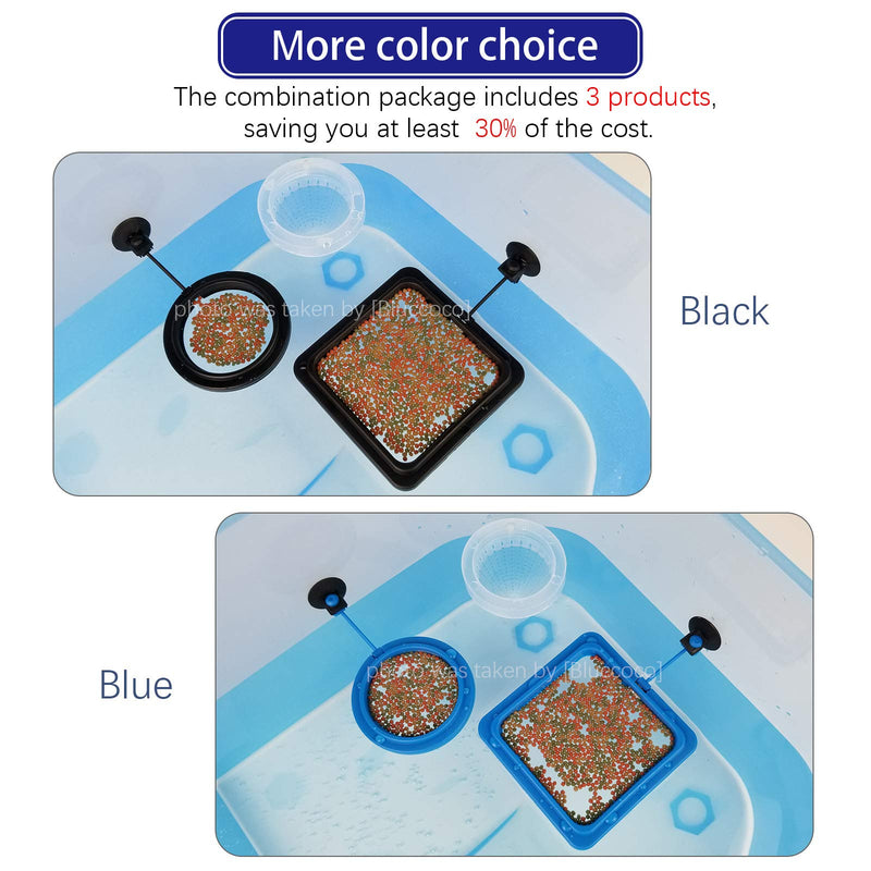 Bluecoco 3 Pieces Fish Feeding Ring + Worm Feeding Cup,Fixed-Point Feeding, Fish Safe Floating Food Feeder Circle Blue, with Suction Cup,Easy to Install Aquarium, Square and Round Shape Fish Feeder Black - PawsPlanet Australia