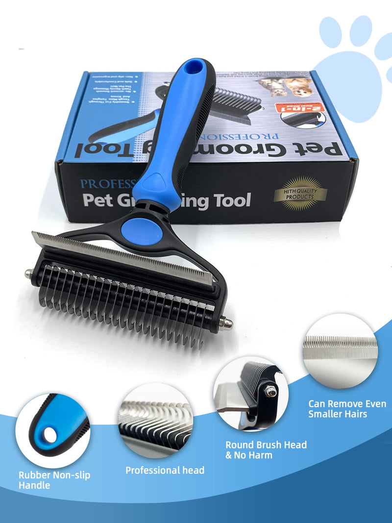 SUNNEKO Dog Cat Grooming Hair Brush, 2 In 1 Double Sided Dog Cat Shedding Brush for Short & Long Hair, Pet Safe Remover Dematting Comb with Rubber Handle for Cockapoo Labrador other dogs & cats, Blue L [Upgraded]-Blue-2in1 - PawsPlanet Australia