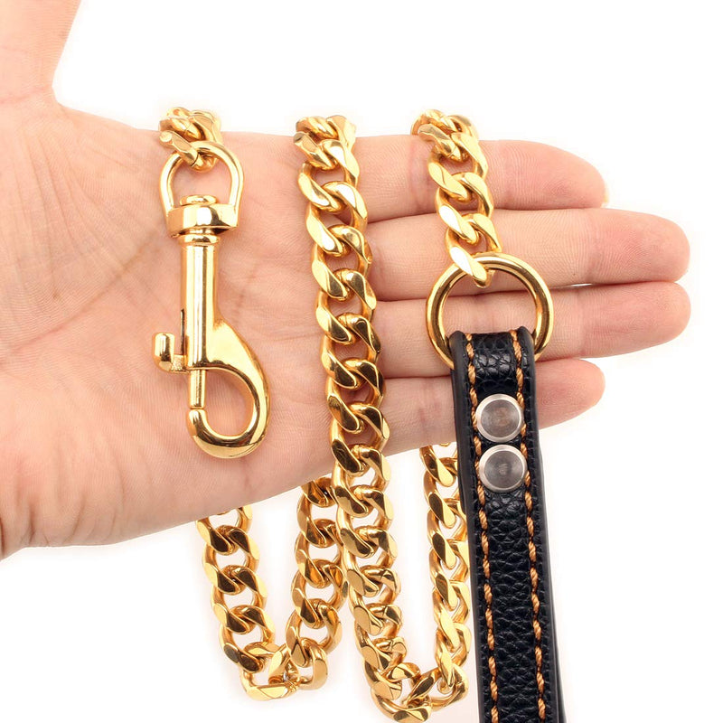 [Australia] - Petoo 3ft/4.5ft Metal Dog Leash,with Leather Handle, Gold Dog Leash,18K Gold Chew Proof Indestructible Strong Dog Leash,Heavy Duty,Cuban Link Dog Chain for Small/Medium/Large Dogs 4.5ft 