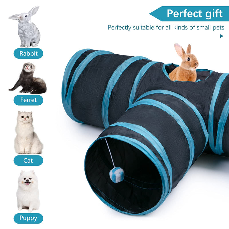 Cat Tunnel, Collapsible Cat Tube with Play Ball, 3 Ways Cat Tunnels for Indoor Cats, Bored Cat Pet Toys Puppy, Kitty, Kitten, Rabbit Black & Blue - PawsPlanet Australia