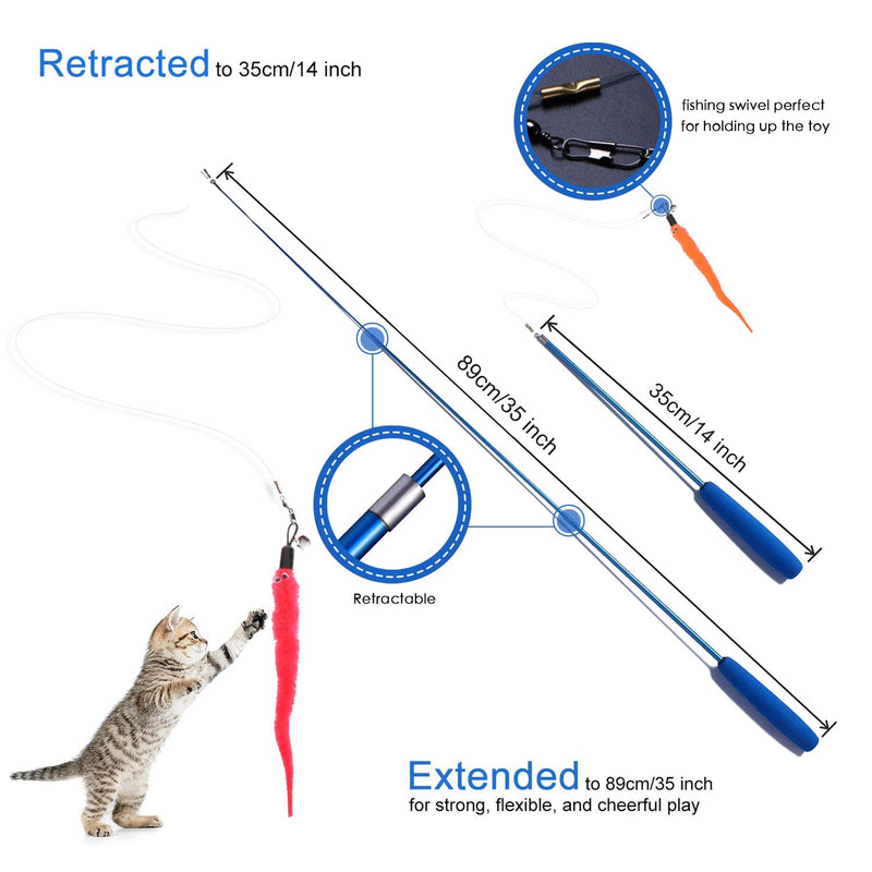 [Australia] - Retractable Cat Toys Wand with 5 Piece Teaser Refills, Interactive Cat Feather Toy for Cat Kitten Having Fun Exerciser Playing Blue 