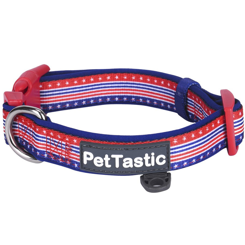 [Australia] - PetTastic Best Adjustable Dog Collar Durable Soft & Heavy Duty with Cute Independent Day Design, Outdoor & Indoor use Comfort Dog Collar for Girls, Boys, Puppy, Adults, Including ID Tag Ring Blue American Flag Stripes Small 
