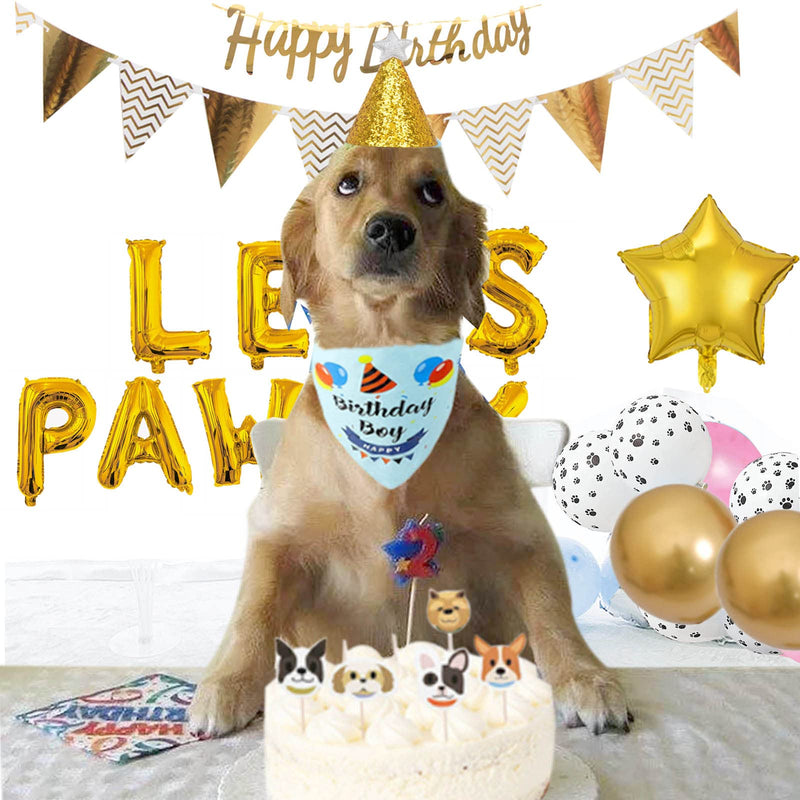 Dog Birthday Party Supplies,Dog Birthday Hat Dog Birthday Banner Triangular Bunting 12”Paw Print Balloon 16” Lets Pawty Balloon for Pet Boy/Girl Party Accessories Outfit Dog Birthday Decorations(Gold) Gold - PawsPlanet Australia