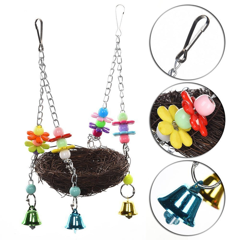 Natural Rattan Nest Bird Swing Toy with Bells for Parrot Cockatoo Macaw Amazon African Grey Budgie Parakeet Cockatiel Conure Lovebird Finch Cage Perch S - PawsPlanet Australia