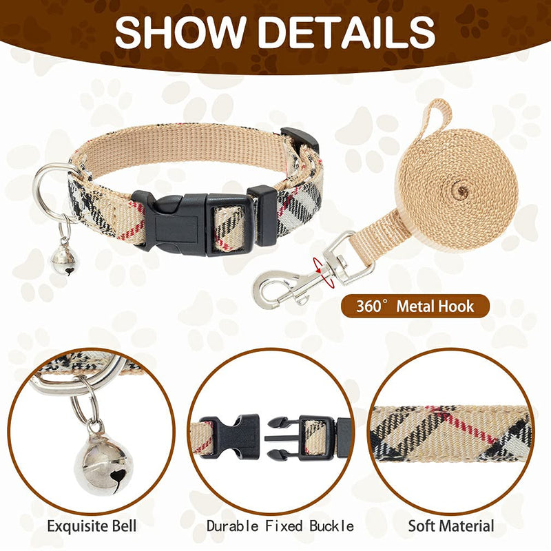 PUPTECK Adjustable Pet Harness Collar and Leash Set for Small Dogs Puppy and Cats Outdoor Training and Running with Classic Beige Plaid Pattern XS: Chest girth: 11.5-13.5in Collar: 9-11.5in - PawsPlanet Australia